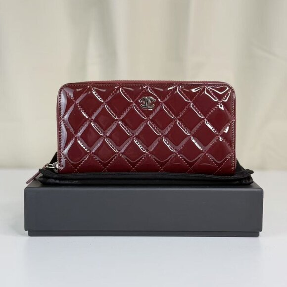 CHANEL Handbags - Chanel Burgundy Patent Leather Wallet with Classic Quilted Design
